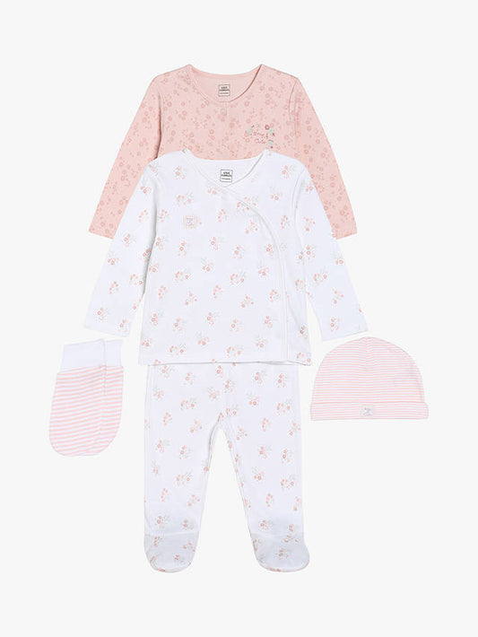 Mini Cuddles Starter Set Baby Floral Applique Sleepsuits, Hat & Gloves Set, White/Pink
