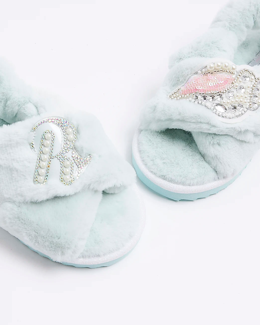 Girls Green Faux Fur Embellished Slippers