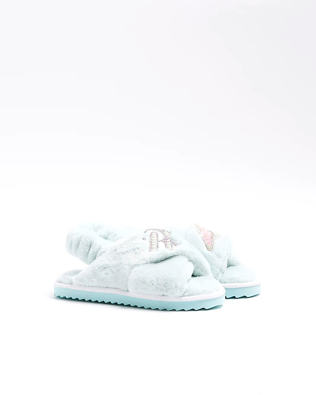 Girls Green Faux Fur Embellished Slippers