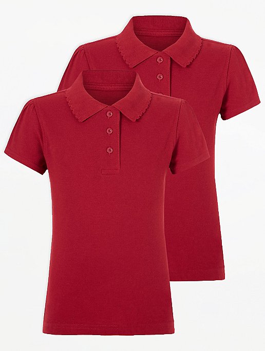 Girls Red Scallop School Polo Shirt 2 Pack