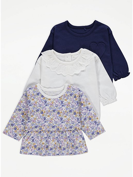 Navy Floral Print Long Sleeve Tops 3 Pack
