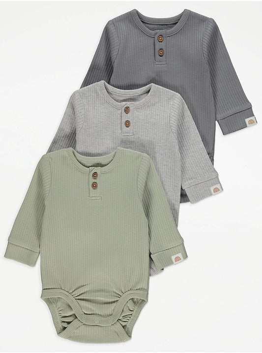 Sage Green Ribbed Long Sleeve Button Bodysuits 3 Pack