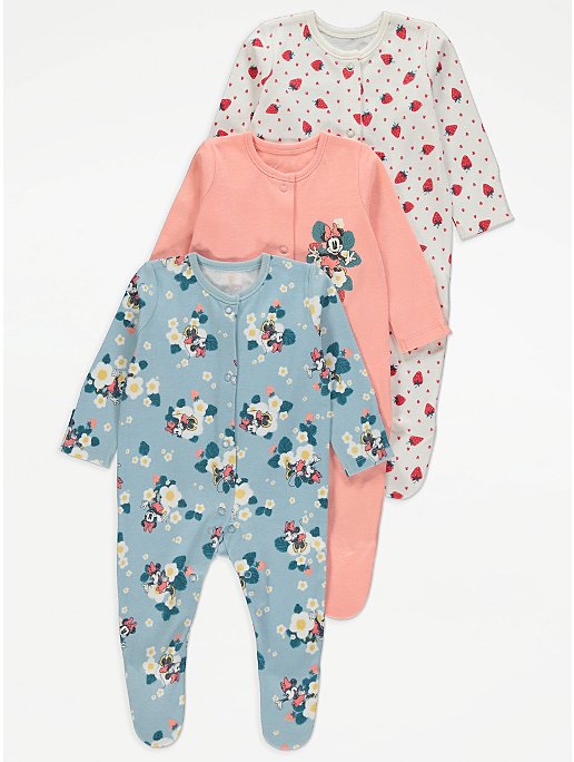 Disney Minnie Mouse Strawberry Print Sleepsuits 3 Pack