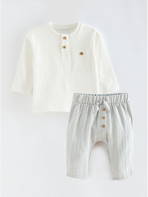 White Long Sleeve Top and Woven Trousers Outfit