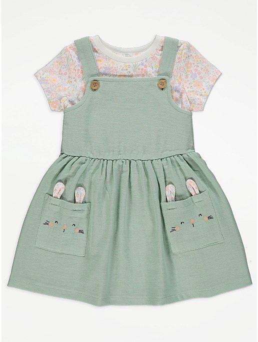 Green Bunny Floral Pinafore Dress and Top Outfit