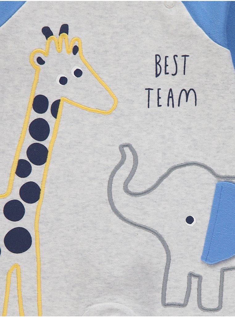 Blue Raglan Sleeve Giraffe Elephant Sleepsuit