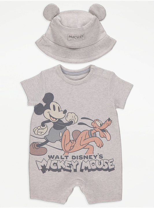 Disney Mickey Mouse Grey Romper and Bucket Hat Outfit