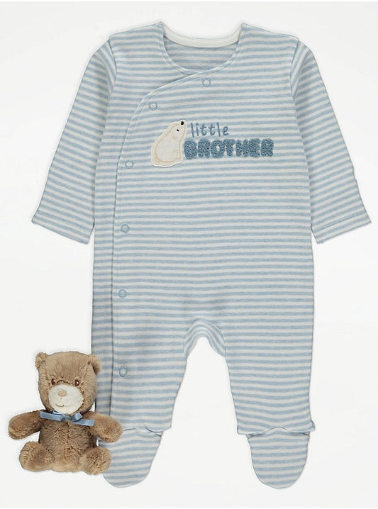 Blue Striped Little Brother Sleepsuit and Teddy