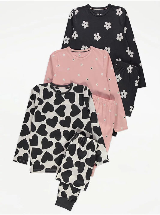 Floral Heart Long Sleeve Pyjamas 3 Pack