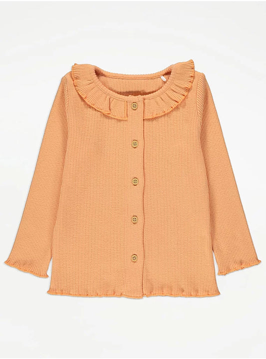Peach Frill Neck Ribbed Cardigan