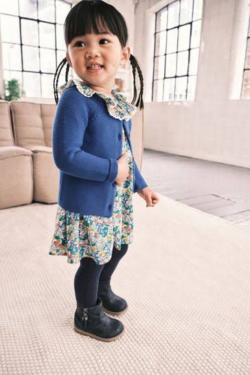 Blue Ditsy Printed Dress And Cardigan Set