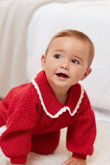 Red Two Piece Knitted Baby Collared Top And Leggings Set