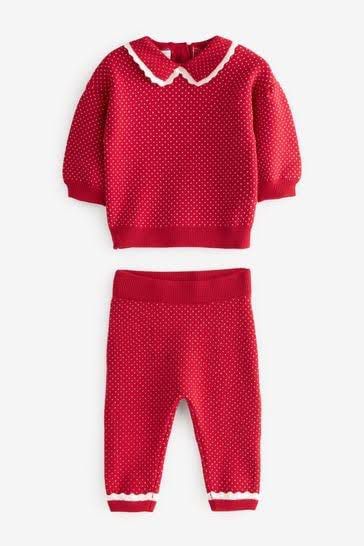 Red Two Piece Knitted Baby Collared Top And Leggings Set