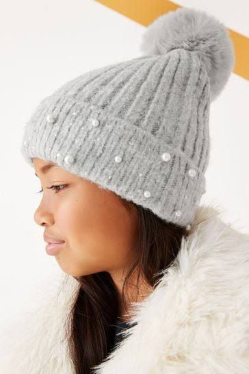 Embellished Pom Pom Beanie Hat