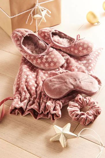 Pink Velvet Slipper Gift Set with Scrunchie and Eye Mask
