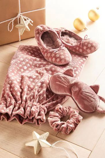 Pink Velvet Slipper Gift Set with Scrunchie and Eye Mask