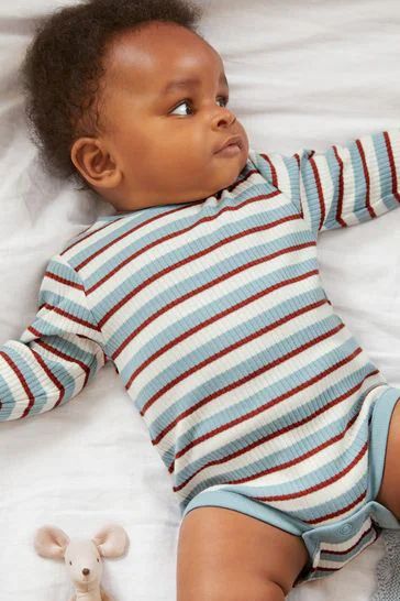 Stripe Blue Rib 3 Pack Baby Bodysuits