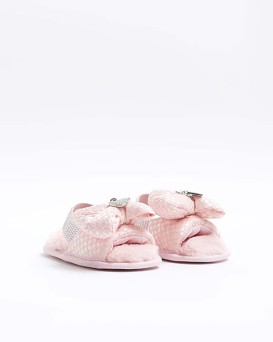 Mini Girls Pink Diamante Bow Slippers