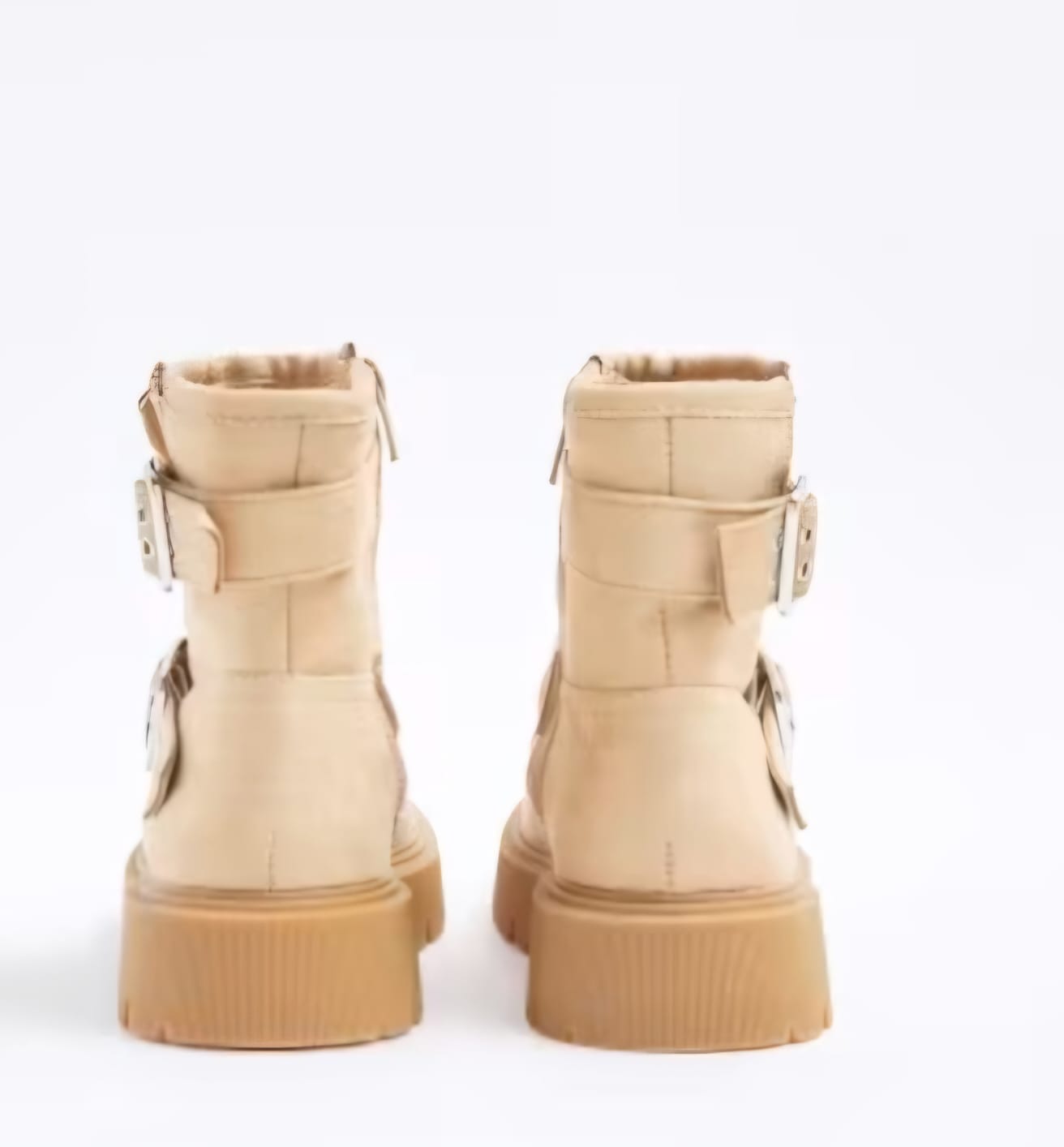 Beige Buckle Biker Boots