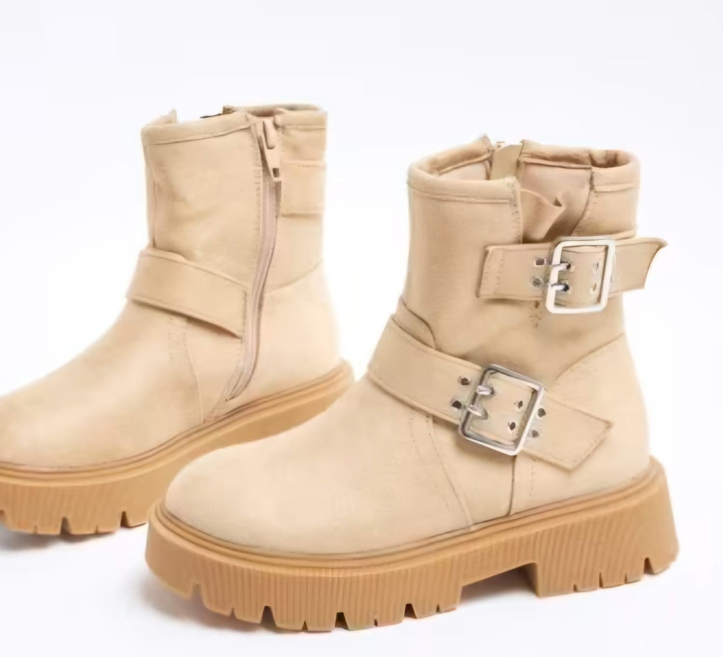 Beige Buckle Biker Boots