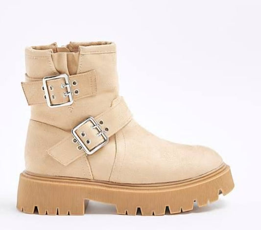 Beige Buckle Biker Boots