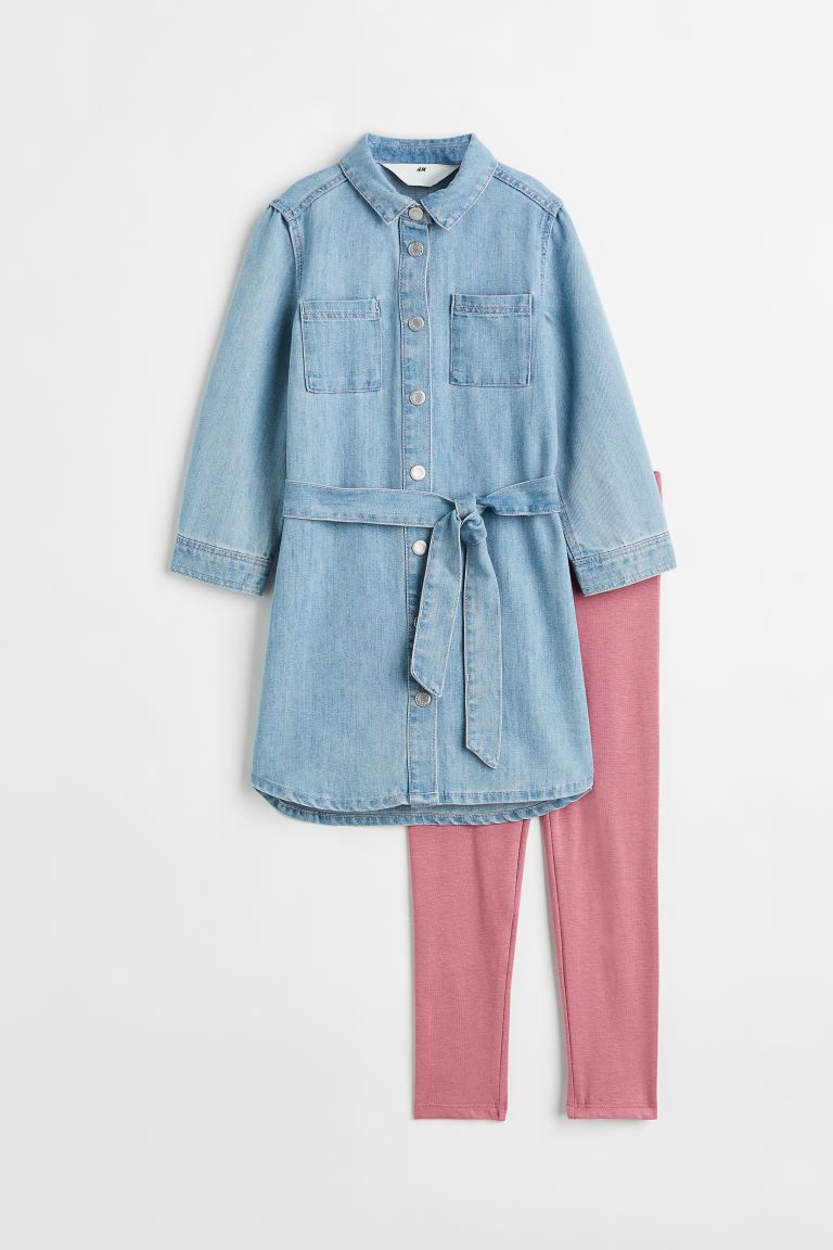 Denim blue/Old rose 2-piece cotton set