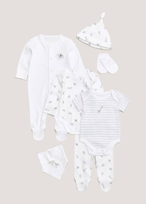 Baby 7 Piece White Safari Layette Starter Set