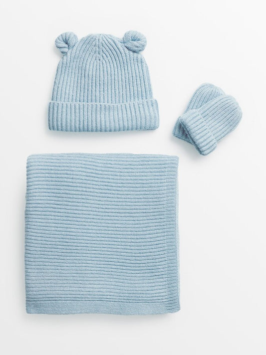 Blue Knitted Blanket, Hat & Mittens Gift Set One Size