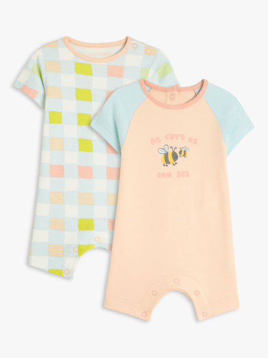 John Lewis ANYDAY Baby As Cute As Can Bee Short Romper, Pack of 2, Pink/Multi