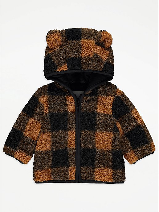 Brown Checked Borg Hooded Jacket