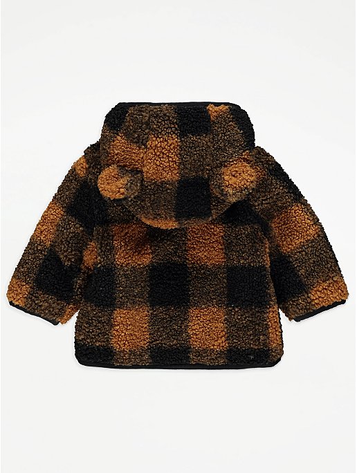 Brown Checked Borg Hooded Jacket
