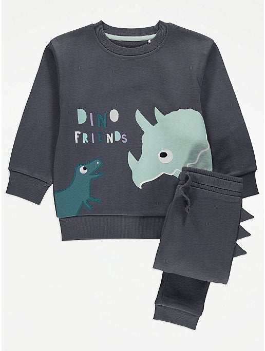 Grey Dino Friends Slogan Print Sweatshirt and Joggers Outfit