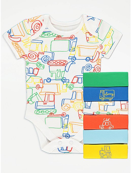 Bright Assorted Vehicle Print Bodysuits 7 Pack