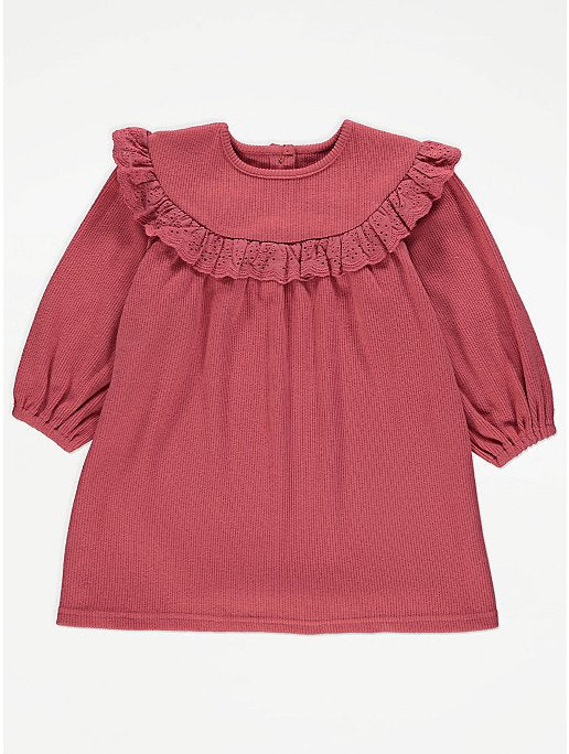 Pink Ribbed Embroidered Long Sleeve Dress