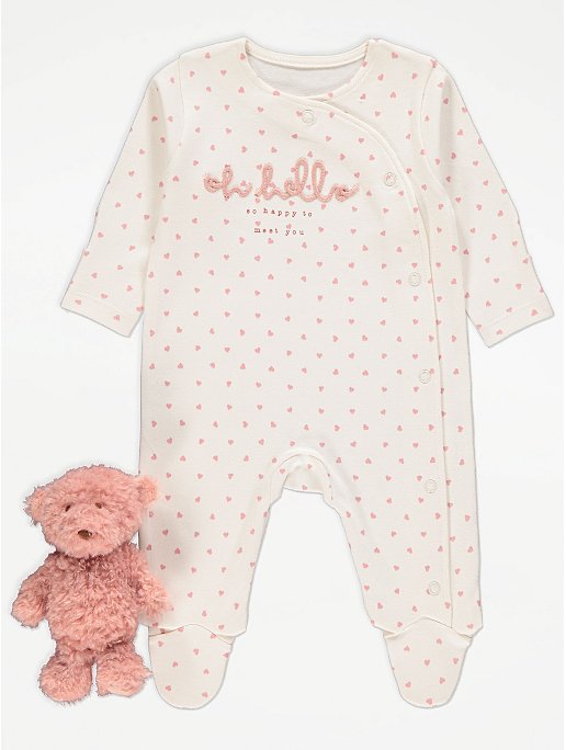Cream Heart Print Sleepsuit and Teddy Set