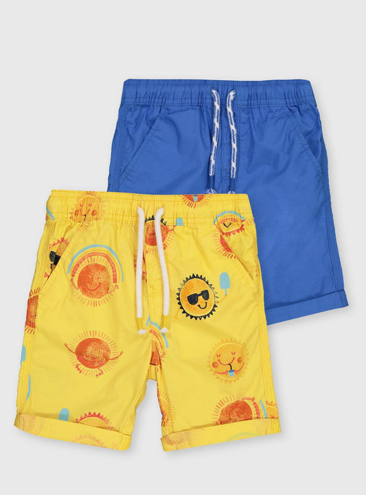 Yellow Sun Print & Blue Poplin Shorts 2 Pack