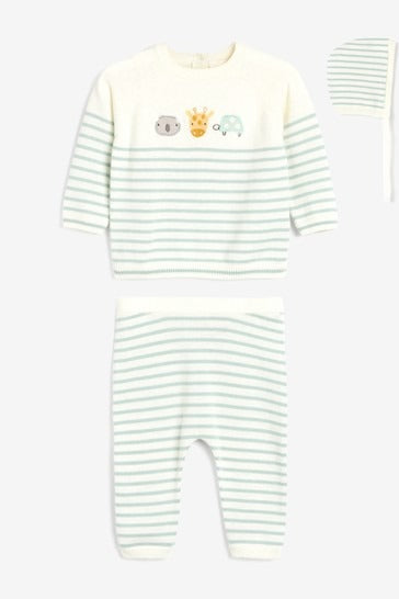 White Baby 3 Piece Animal Knit Top, joggers & Hat Set