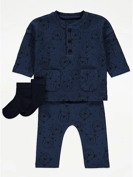 Navy Bear Top and Trousers 3 Piece Outfit