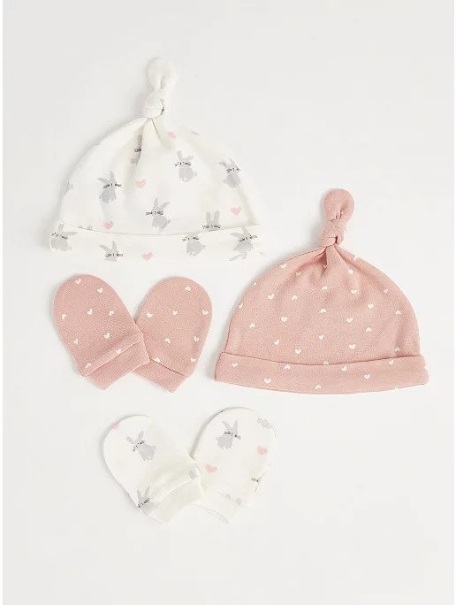 Pink Assorted Bunny Heart Hat and Scratch Mitts Set 2 Pack
