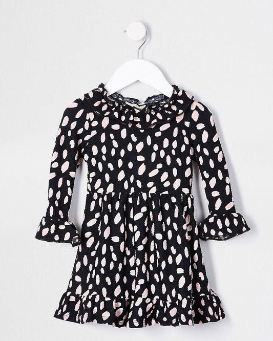 MINI GIRLS BLACK SPOT PRINT RUFFLE NECK DRESS