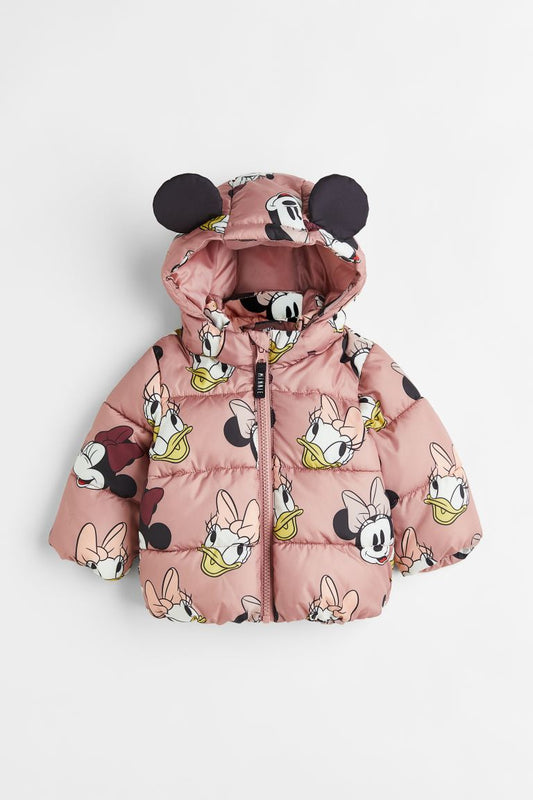 Old rose/Minnie Mouse Patterned puffer jacket