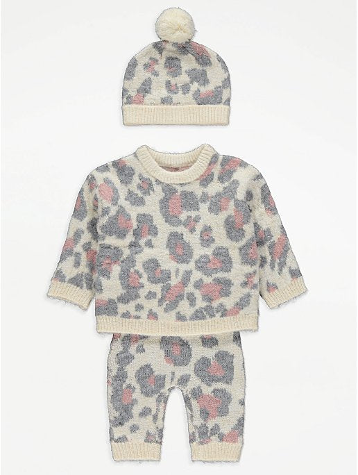 Leopard Print Knitted Jumper Leggings and Hat Set