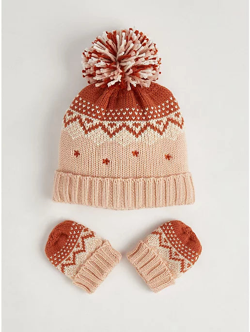 Red Knitted Bobble Hat and Mitten