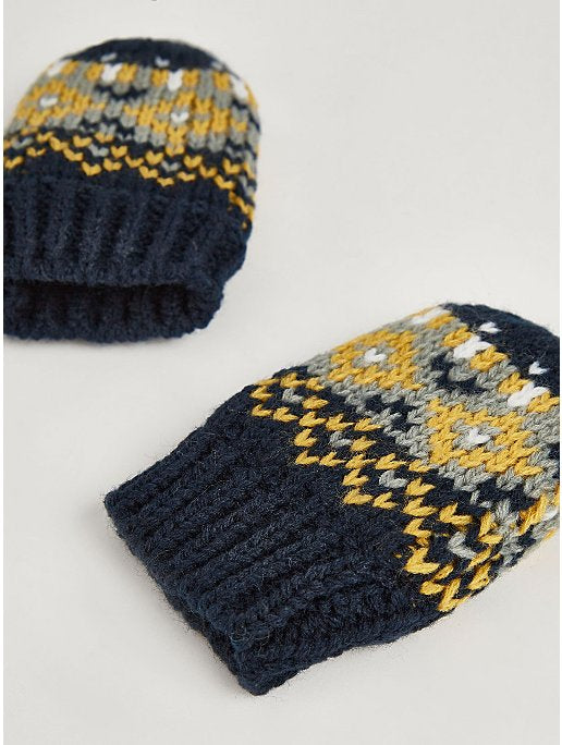 Navy Assorted Knitted Fairisle Bobble Hat and Mittens Set