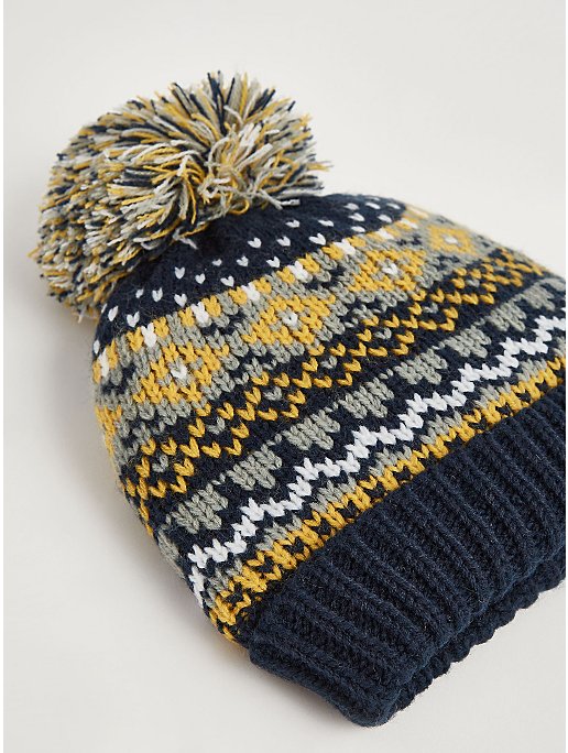 Navy Assorted Knitted Fairisle Bobble Hat and Mittens Set