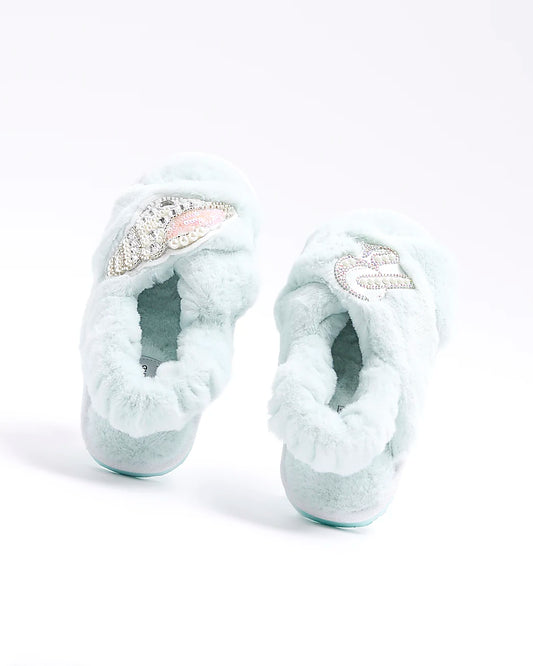 Girls Green Faux Fur Embellished Slippers