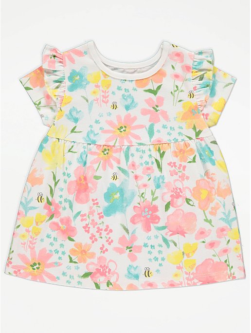 Bright Floral Print Frill Dress