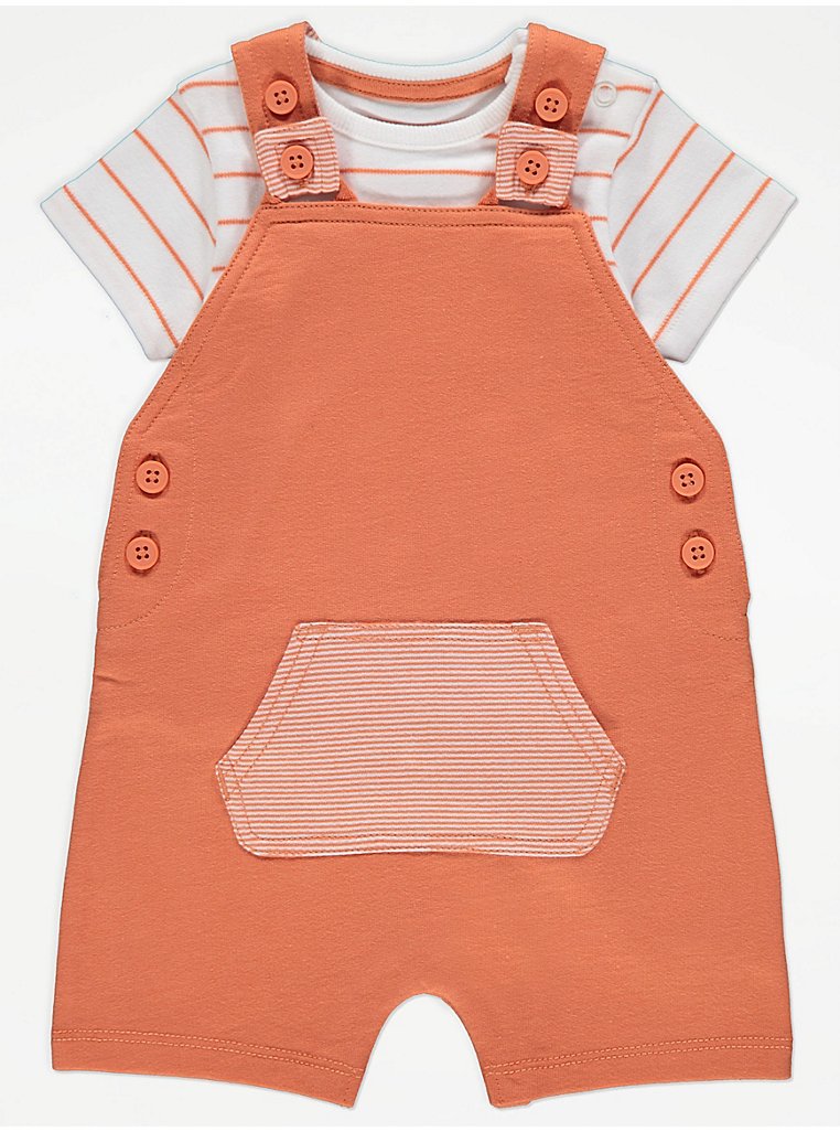 Orange Short Dungarees and Striped Bodysuit Outfit