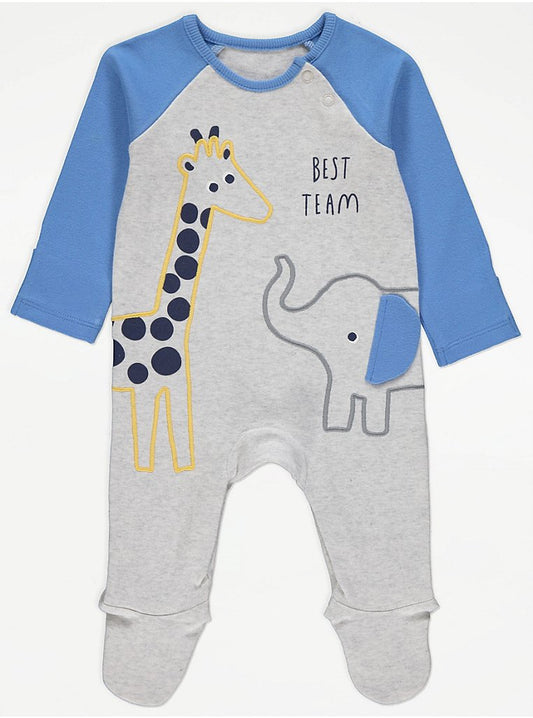 Blue Raglan Sleeve Giraffe Elephant Sleepsuit