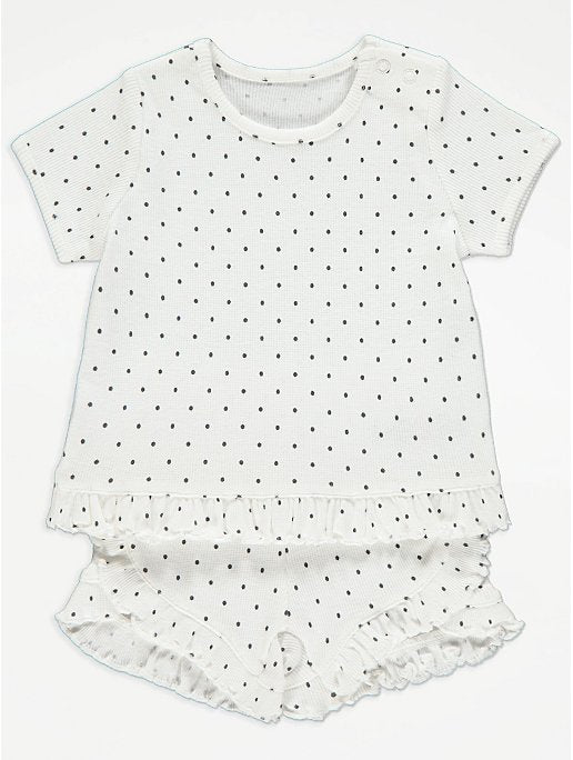 White Polka Dot Ribbed T-Shirt and Frilly Shorts Outfit